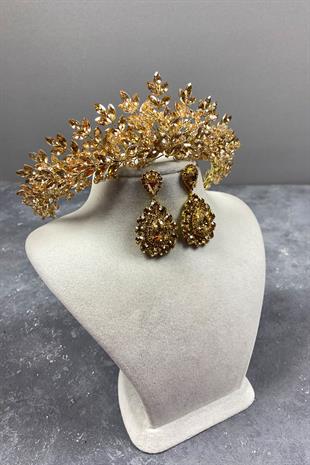 Bal Rengi Asleny Boncuklu Gelin Kına Tacı Ve Taşlı Küpe Seti