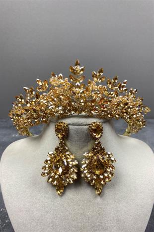 Bal Rengi Asleny Boncuklu Gelin Kına Tacı Ve Küpe Seti