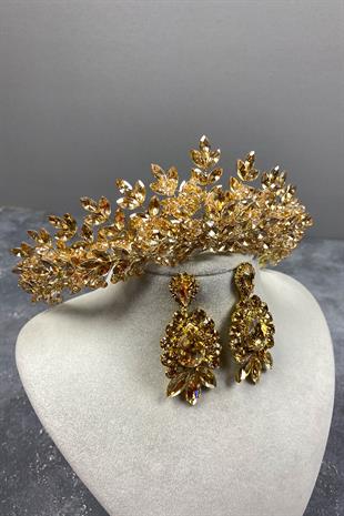 Honey Color Original Beaded Bridal Henna Tiara and Studded Earrings Set
