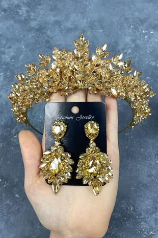 Bal Rengi Asleny Boncuklu Gelin Kına Tacı Ve Küpe Seti