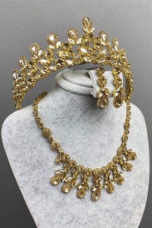 Honey Color Beety Bridal Henna Crown Necklace Earring Set