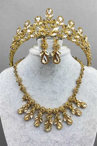 Honey Color Beety Bridal Henna Crown Necklace Earring Set