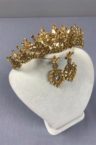 Honey Color Belur Bridal Henna Crown and Drop Earring Set