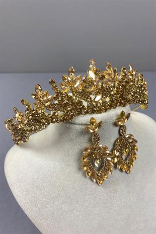 Honey Color Belur Bridal Henna Crown and Drop Earring Set