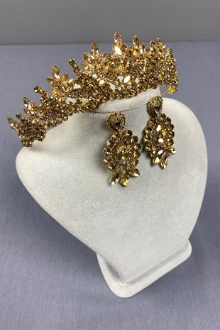 Honey Color Belur Bridal Henna Crown and Drop Shuttle Stone Earring Set