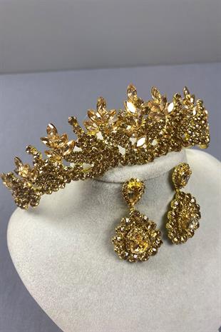 Honey Color Belur Bridal Henna Crown and Drop Stone Earring Set