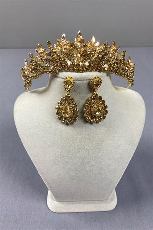 Honey Color Belur Bridal Henna Crown and Drop Stone Earring Set