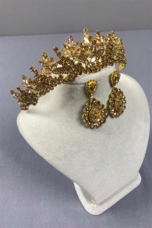 Honey Color Belur Bridal Henna Crown and Drop Stone Earring Set