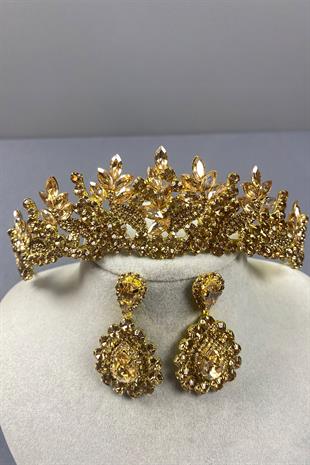Honey Color Belur Bridal Henna Crown and Drop Stone Earring Set