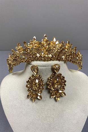 Honey Color Belur Bridal Henna Crown and Drop Shuttle Stone Earring Set