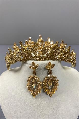 Honey Color Belur Bridal Henna Crown and Drop Earring Set
