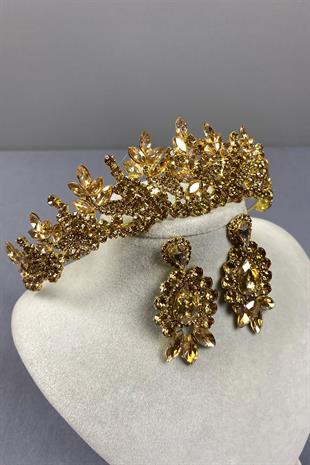 Honey Color Belur Bridal Henna Crown and Drop Shuttle Stone Earring Set