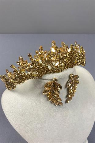 Honey Color Belur Bridal Henna Crown and Leaf Earring Set