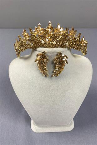 Honey Color Belur Bridal Henna Crown and Leaf Earring Set