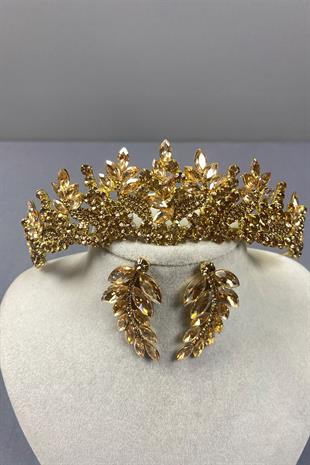 Honey Color Belur Bridal Henna Crown and Leaf Earring Set