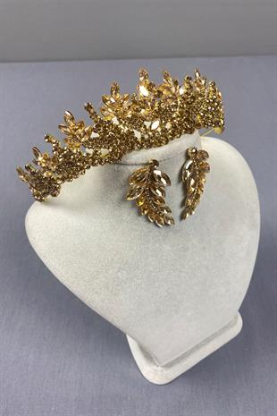Honey Color Belur Bridal Henna Crown and Leaf Earring Set