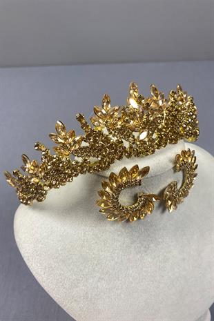Honey Color Belur Bridal Henna Crown and Round Earring Set