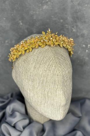 Bal Rengi Boncuk İşlemeli Duru Gelin Kına Tacı