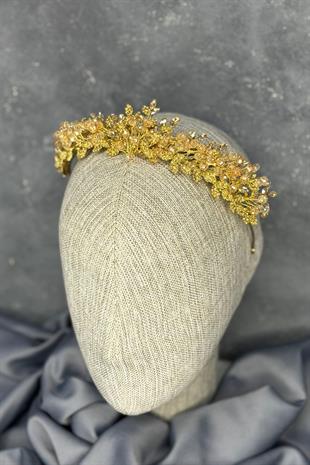 Bal Rengi Boncuk İşlemeli Duru Gelin Kına Tacı