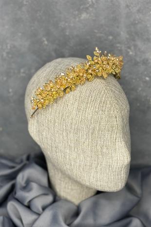 Bal Rengi Boncuk İşlemeli Duru Gelin Kına Tacı