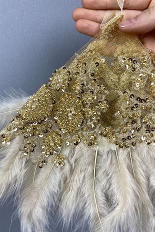 Honey Color Bead Embroidered Vip Hairy Design Bridal Halay Handkerchief 1 Piece