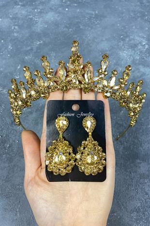 Honey Color Cooker Bridal Henna Tiara and Drop Stone Evening Dress Earrings