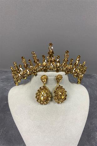 Honey Color Cooker Bridal Henna Tiara and Drop Stone Evening Dress Earrings