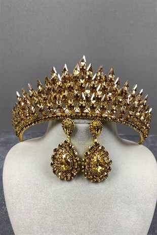 Honey Color Drop 3D Bridal Henna Crown And Drop Earrings Set