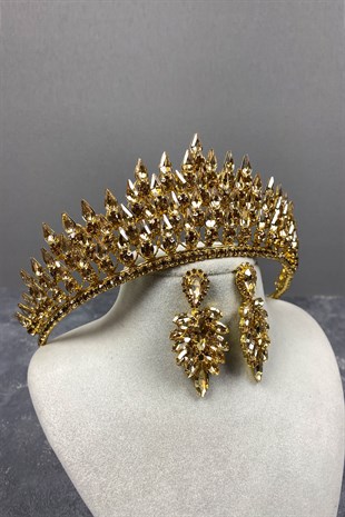 Honey Color Drop 3D Bridal Henna Crown And Stud Earring Set