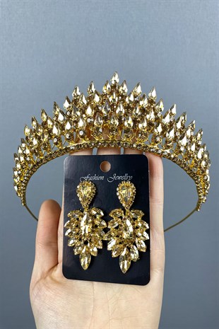Honey Color Drop 3D Bridal Henna Crown And Stud Earring Set