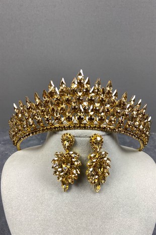 Honey Color Drop 3D Bridal Henna Crown And Stud Earring Set