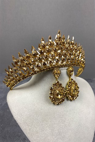 Honey Color Drop 3D Bridal Henna Crown And Drop Earrings Set