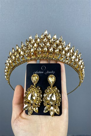 Honey Color Drop 3D Bridal Henna Tiara and Evening Dress Earrings Set
