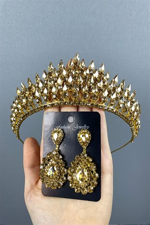 Honey Color Drop 3D Bridal Henna Crown And Drop Earrings Set