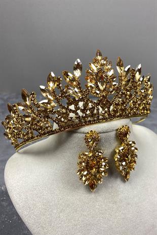 Honey Color Danver Stone Bridal Henna Crown And Earring Set