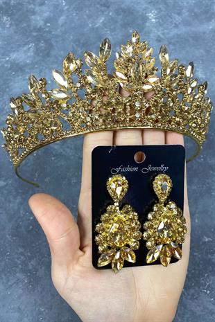 Honey Color Danver Stone Bridal Henna Tiara and Evening Dress Earrings Set