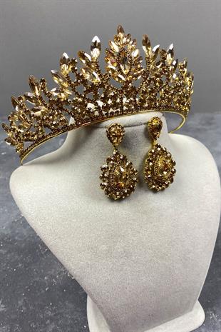 Honey Color Danver Stone Bridal Henna Tiara and Stud Earrings Set