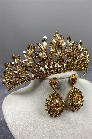 Honey Color Danver Stone Bridal Henna Tiara and Stud Earrings Set