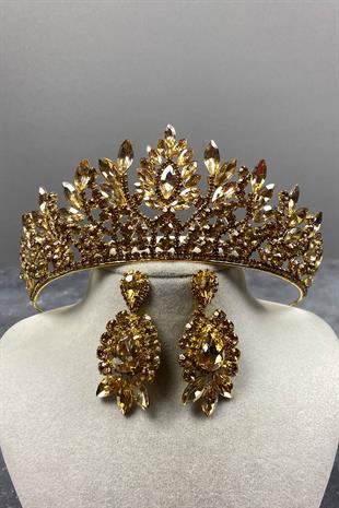 Honey Color Danver Stone Bridal Henna Tiara and Evening Dress Earrings Set