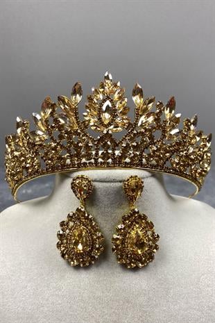 Honey Color Danver Stone Bridal Henna Tiara and Stud Earrings Set