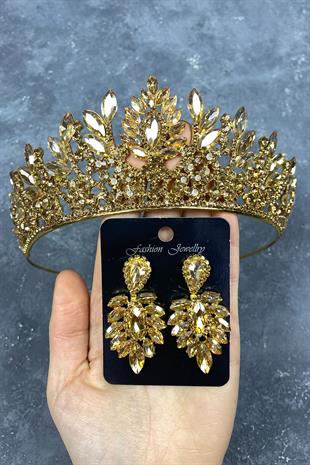 Honey Color Danver Stone Bridal Henna Crown And Earring Set