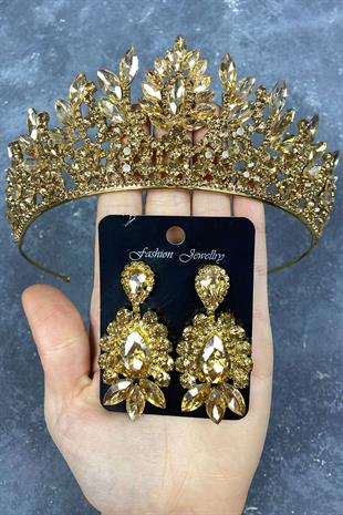 Honey Color Danver Stone Bridal Henna Tiara and Evening Dress Earrings Set
