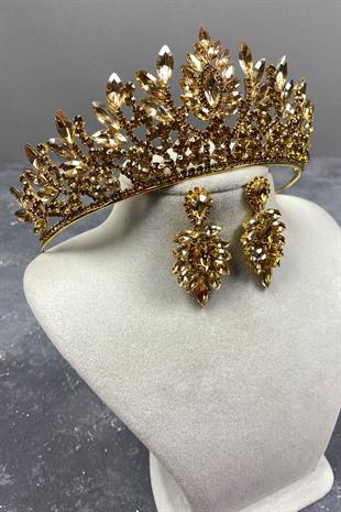 Honey Color Danver Stone Bridal Henna Crown And Earring Set