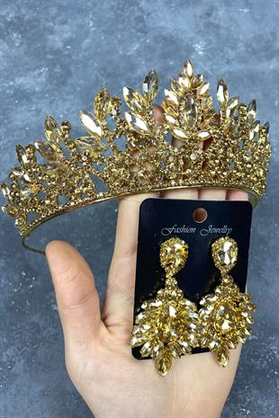 Honey Color Danver Stone Bridal Henna Tiara and Earring Set