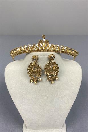 Honey Color Ece Bridal Henna Crown and Drop Shuttle Stone Earring Set