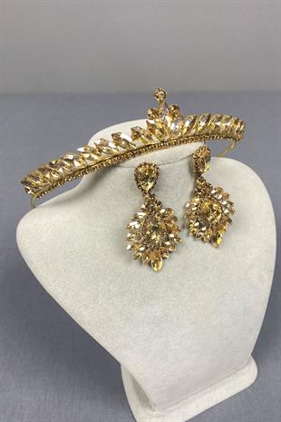 Honey Color Ece Bridal Henna Crown and Drop Shuttle Earring Set