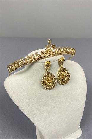 Honey Color Ece Bridal Henna Crown and Drop Stone Earring Set