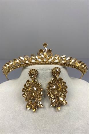 Honey Color Ece Bridal Henna Crown and Drop Shuttle Stone Earring Set