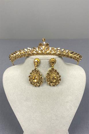 Honey Color Ece Bridal Henna Crown and Drop Stone Earring Set