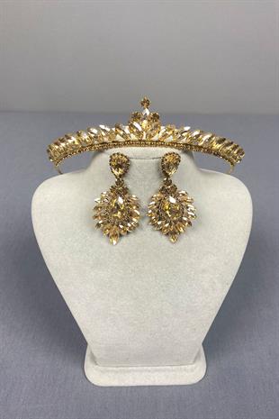 Honey Color Ece Bridal Henna Crown and Drop Shuttle Earring Set